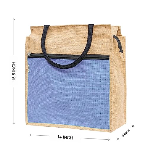 JUTEKA Front Zip Pocket Teal Blue color Jute Bag for Lunch, Office, Grocery, Picnic, Tiffin, Shopping Hand Bag with padded cotton handles… - Image 5