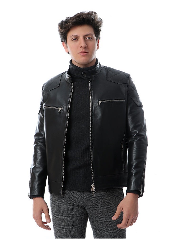 Generic (beckham) Men's Stand Collar Leather Jacket Motorcycle Lightweight genuine Leather Outwear  - Image 1