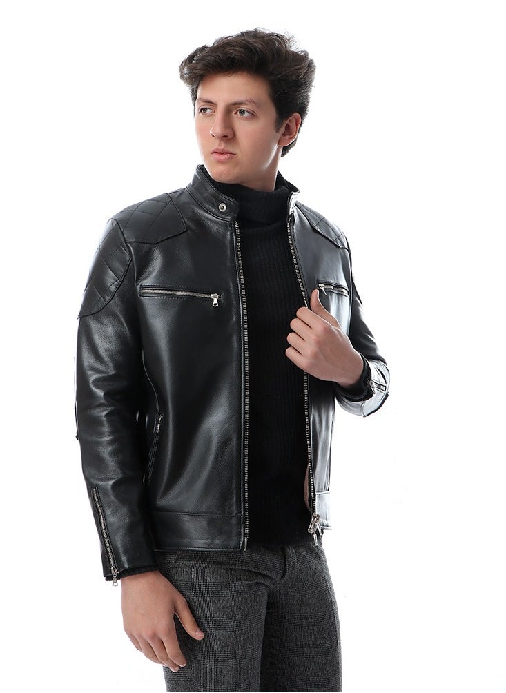Generic (beckham) Men's Stand Collar Leather Jacket Motorcycle Lightweight genuine Leather Outwear  - Image 2