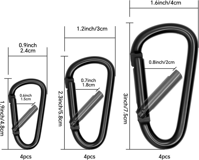 jaexest 12 Pack Black Aluminum Carabiner Clips 3 Sizes D Ring Keychain Hooks Heavy Duty for Backpack Hiking - Image 3