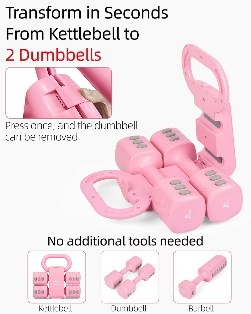 Abahub Adjustable Kettlebell Set, 4 in 1 Free Weight Dumbbell Set with Kettlebell Grip Converter, 12.1LB, Pink - Image 3