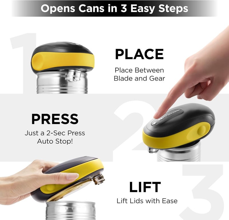 Kitchen Mama One-To-Go Electric Can Opener: One Touch, Auto Stop, Smooth Edge, Lid Lift, Safety, Automatic, Magnetic, Cordless, Battery Operated, Kitchen Appliance for Senior with Arthritis (Yellow) - Image 3