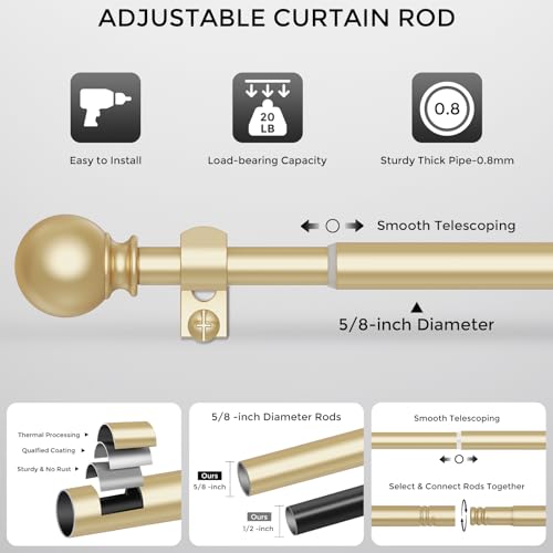 JRZOO Gold Curtain Rod for Windows 18-45 Inch, 5/8 Inch Small Window Treatment Rods, Short Adjustable Splicing Drapery pole, Brass Gold - Image 5
