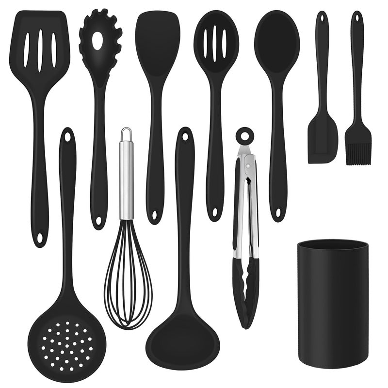 Herogo Kitchen Utensils Set of 12 Silicone Cooking Utensils Set with Holder for Baking Cooking Non Stick  Heat Resistant Cookware Include Spatula Whisk Spoon Turner Tongs Dishwasher Safe Black