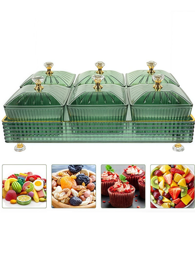6 قطع من صواني الوجبات الخفيفة مع أغطية، مجموعة حاويات تقديم الحلوى والمكسرات، صينية فواكه مجففة، طبق مقبلات بلاستيكي، صندوق تخزين التوابل، صندوق تخزين مستحضرات التجميل، طبق، وعاء عرض الطعام، أخضر 27.5 × 18.5 × 11 سم - Image 1
