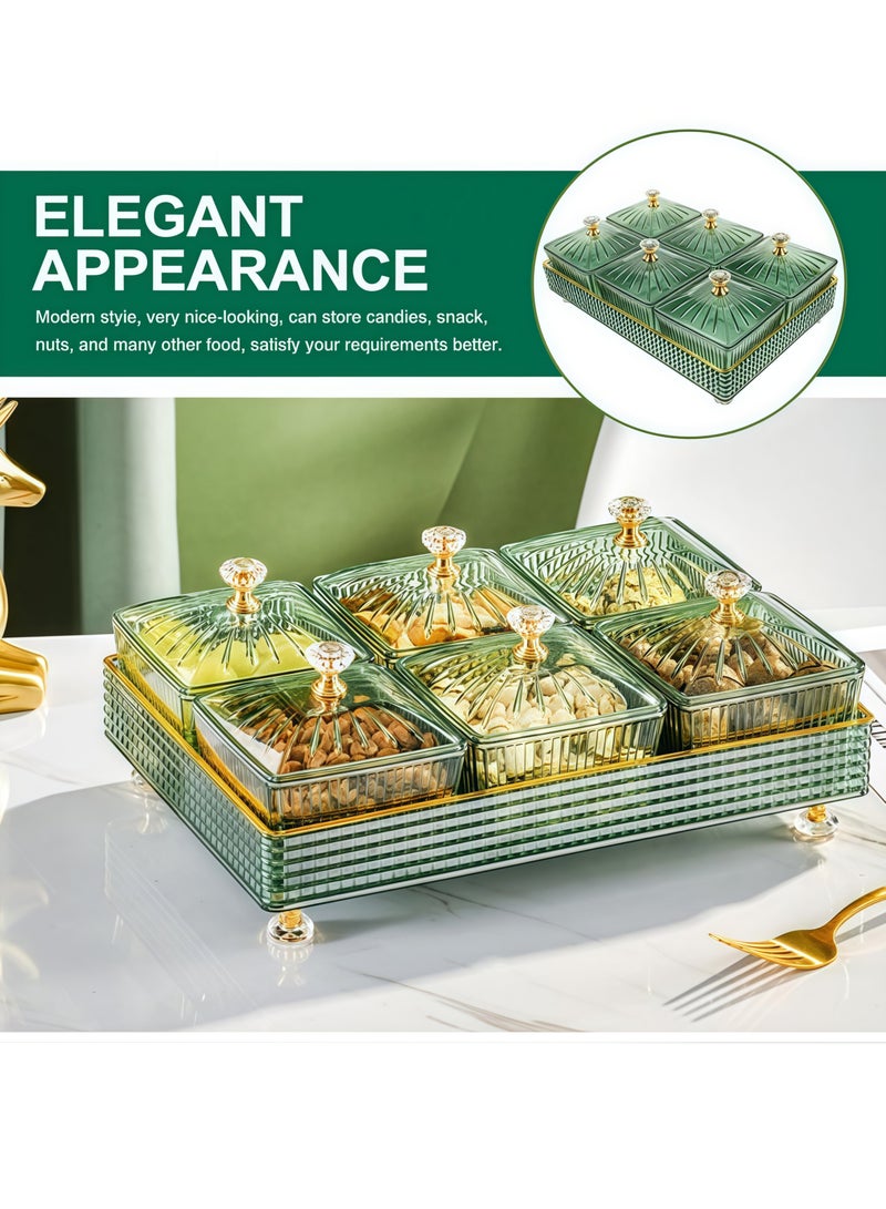 6 قطع من صواني الوجبات الخفيفة مع أغطية، مجموعة حاويات تقديم الحلوى والمكسرات، صينية فواكه مجففة، طبق مقبلات بلاستيكي، صندوق تخزين التوابل، صندوق تخزين مستحضرات التجميل، طبق، وعاء عرض الطعام، أخضر 27.5 × 18.5 × 11 سم - Image 2