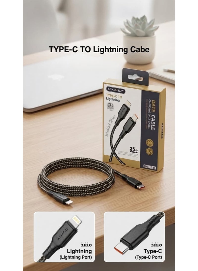 أوفست Fast iPhone charging cable, iPhone cable, charging cable for iPhone, iPhone Lightning cable, Type-C to iPhone charger cable, iPhone cable, cable for charging iPhone, USB Type-C to iPhone cable, fast charger cable with USB-C to Lightning port, cable for Apple devices, Type-C to Lightning cable for data transfer speeds up to 480 Mbps, 1-meter braided fabric iPhone cable resistant to cutting, PD charging cable supporting safe fast-charging technology, charging cable compatible with Apple devices, durable charging cable with high-efficiency copper core, braided cable with strong rope-style design for heavy-duty use, connector equipped with a smart chip for overheating protection, data cable supporting stable synchronization of files, photos, and videos, fast charging cable for home, office, and car use, tangle-resistant iPhone charger with black nylon finish, 35W cable supporting intelligent - Image 1