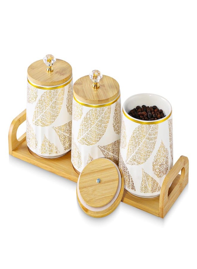 Fvstar Ceramic Storage Canister for Coffee Sugar Tea Set of 3, Kitchen Pantry Container with Bamboo Lids and Tray, Airtight Food Storage Jars Kitchen Counter Storage Containers for Dining Table - Image 1