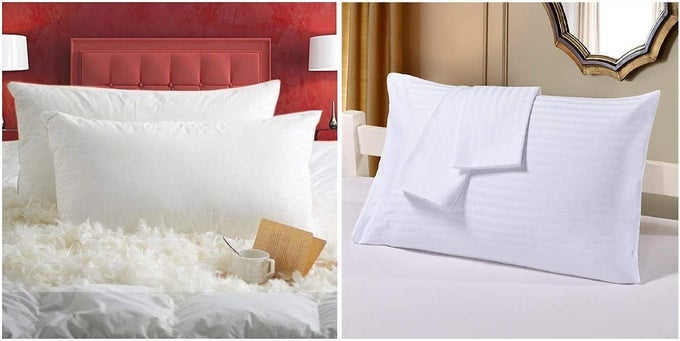 IMPORTED ORTHOPEDIC DOUBLE POCKET DOWN ON TOP LAYER SUPER SOFT GOOSE DOWN AND FEATHER 2 PCS PILLOWS AND COTTON STRIPED 2 PCS PILLOW COVERS SET OF 4 20 X 36INCHES WHITE