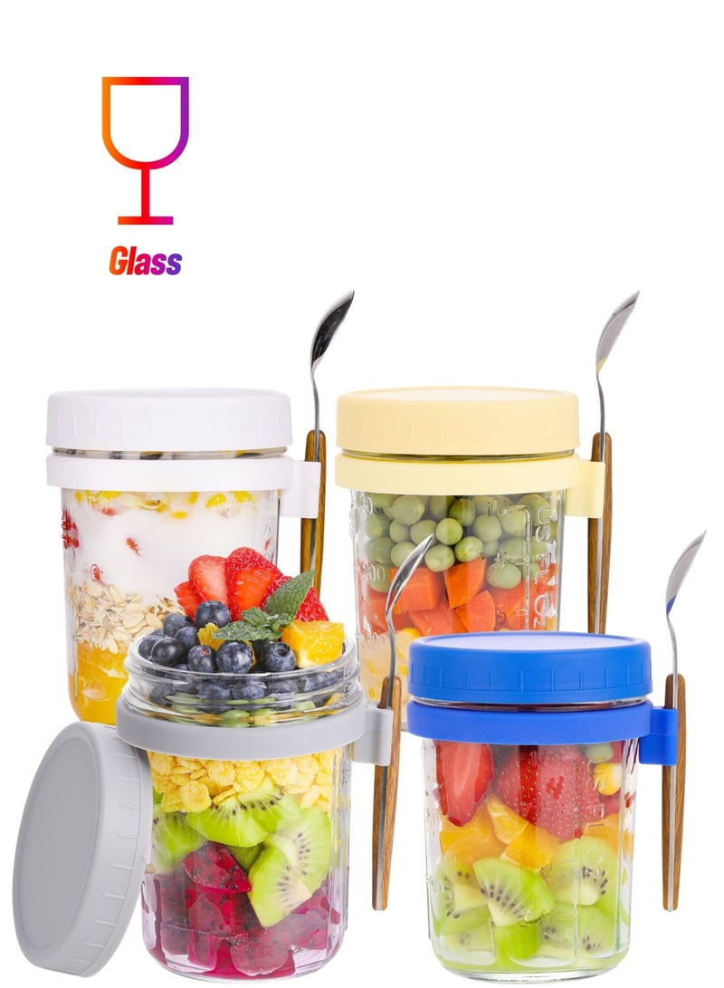ميكسد 4 قطعة من نوع 350ml بين عشية وضحاها الشوفان حاوية ، مع غطاء وملعقة ، والزجاج بين عشية وضحاها الشوفان جرة ، سعة كبيرة من الحليب والحبوب والفواكه جرة مختومة - Image 1