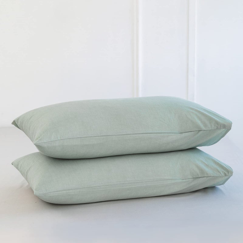 MooMee Bedding Pillowcases Pack of 2 100% Washed Cotton Linen Like Textured Breathable Durable Soft Comfy (Sage Green  Standard) - Image 1