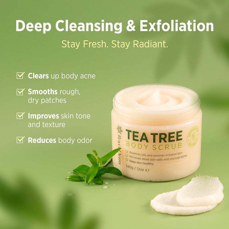 RoyceDerm Tea Tree Exfoliating Body Scrub Deep Cleansing Scrub with Tea Tree Oil Dead Sea Salt for Smooth Skin 12oz - Image 2