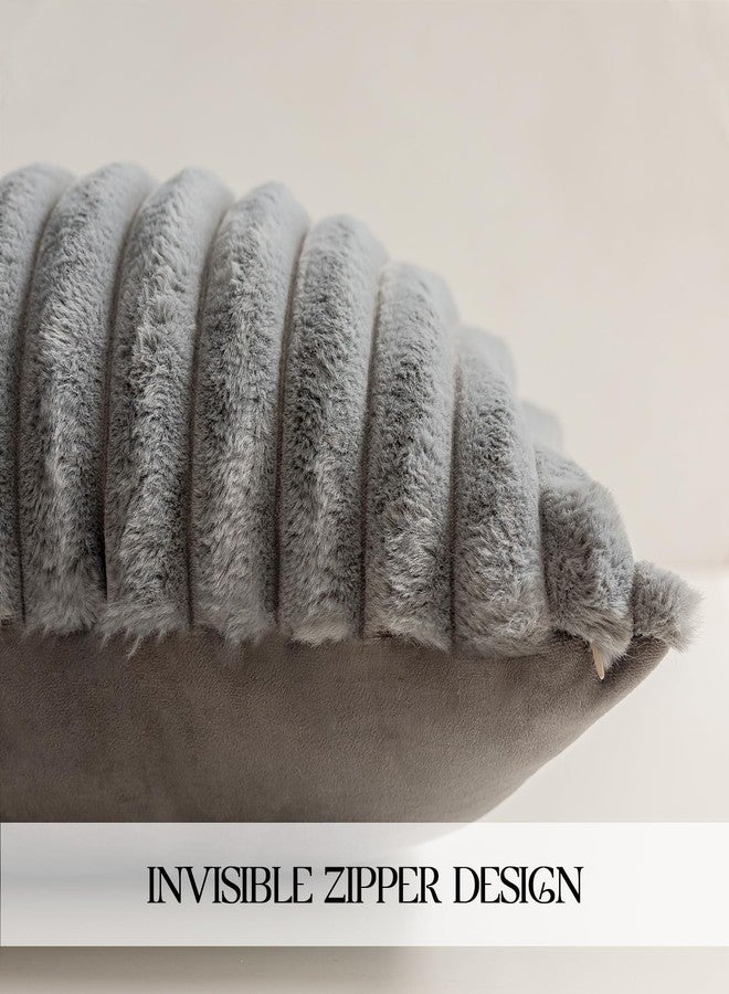 MOSAYT 18x18 Faux Fur Plush Throw Pillow Covers Set of 2, Velvet Soft Fluffy Luxury Striped Decorative Pillow Covers for Sofa, Couch, Living Room(Grey) - Image 4