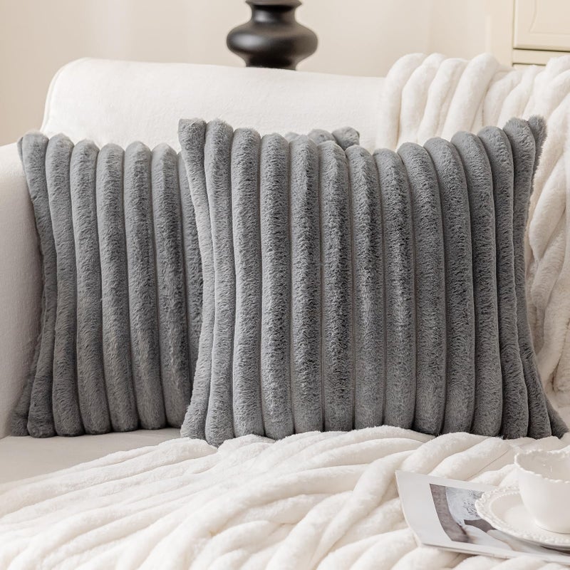 MOSAYT 18x18 Faux Fur Plush Throw Pillow Covers Set of 2, Velvet Soft Fluffy Luxury Striped Decorative Pillow Covers for Sofa, Couch, Living Room(Grey) - Image 1