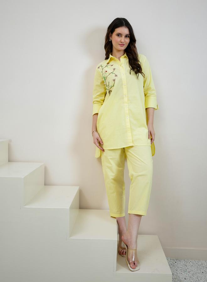 Athena Yellow Cotton Beaded Shirt and Pants Co-ords - Image 1