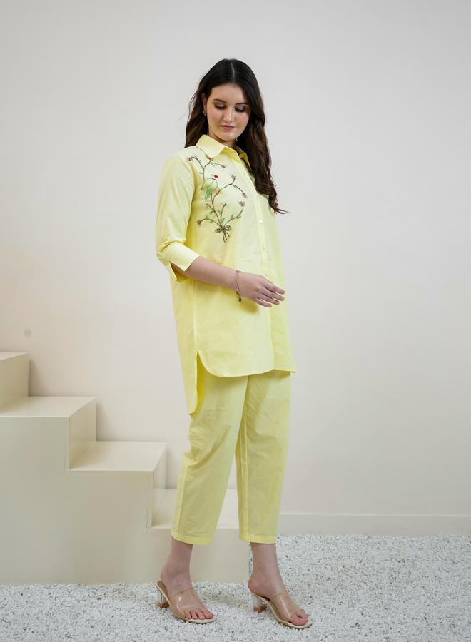 Athena Yellow Cotton Beaded Shirt and Pants Co-ords - Image 4