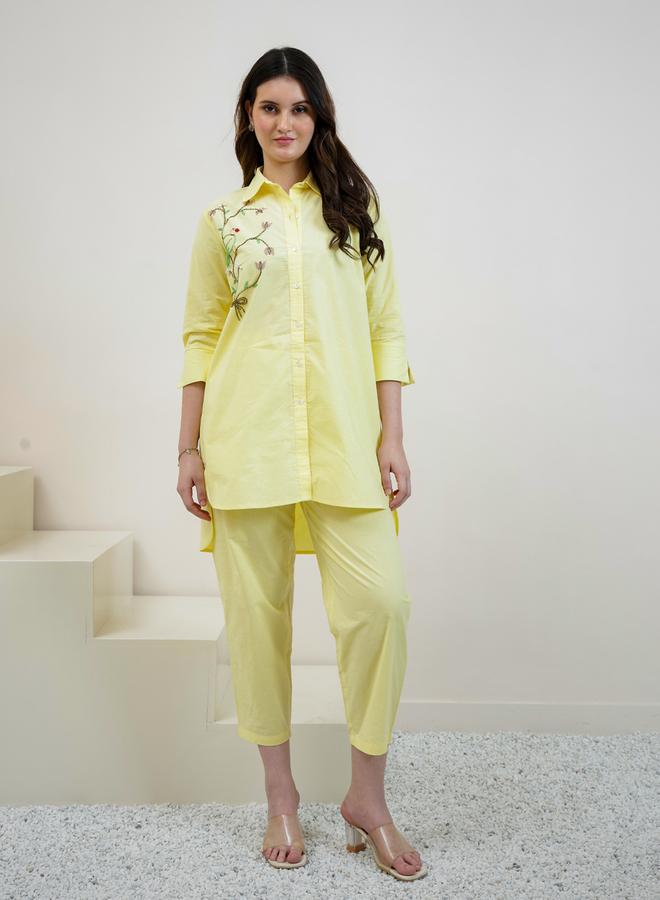 Athena Yellow Cotton Beaded Shirt and Pants Co-ords - Image 3