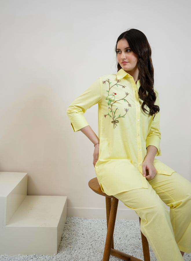Athena Yellow Cotton Beaded Shirt and Pants Co-ords - Image 5