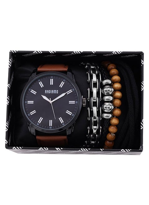 Men's Analog Black Case Brown Leather Strap Set Watch