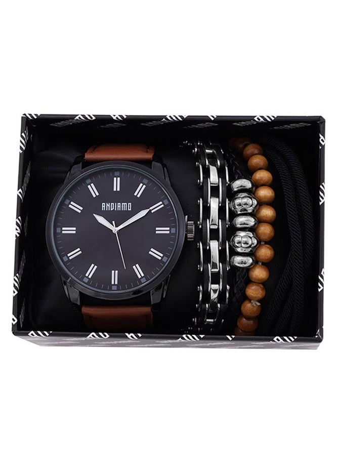 ANDIAMO Men's Analog Black Case Brown Leather Strap Set Watch 
