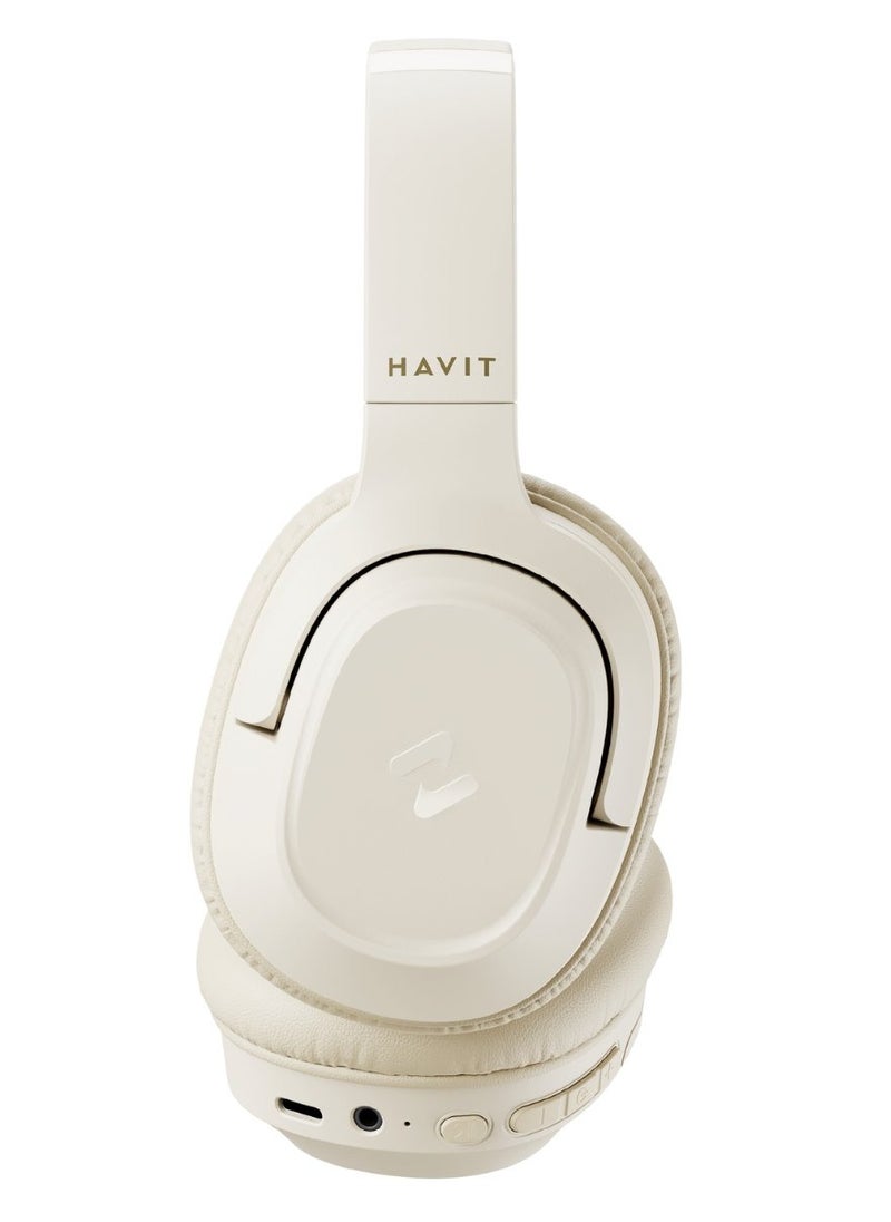 havit Wireless Bluetooth Headphones with 50H Playtime, Stereo Sound, Foldable Over-Ear Design, USB-C Fast Charging, 40mm Drivers, Game Mode, Noise-Isolating Cushions, Built-in Mic, AUX Mode, Ergonomic Comfort Fit, for Music, Work, Calls, Travel, Study & Gaming (Beige)  - Image 5