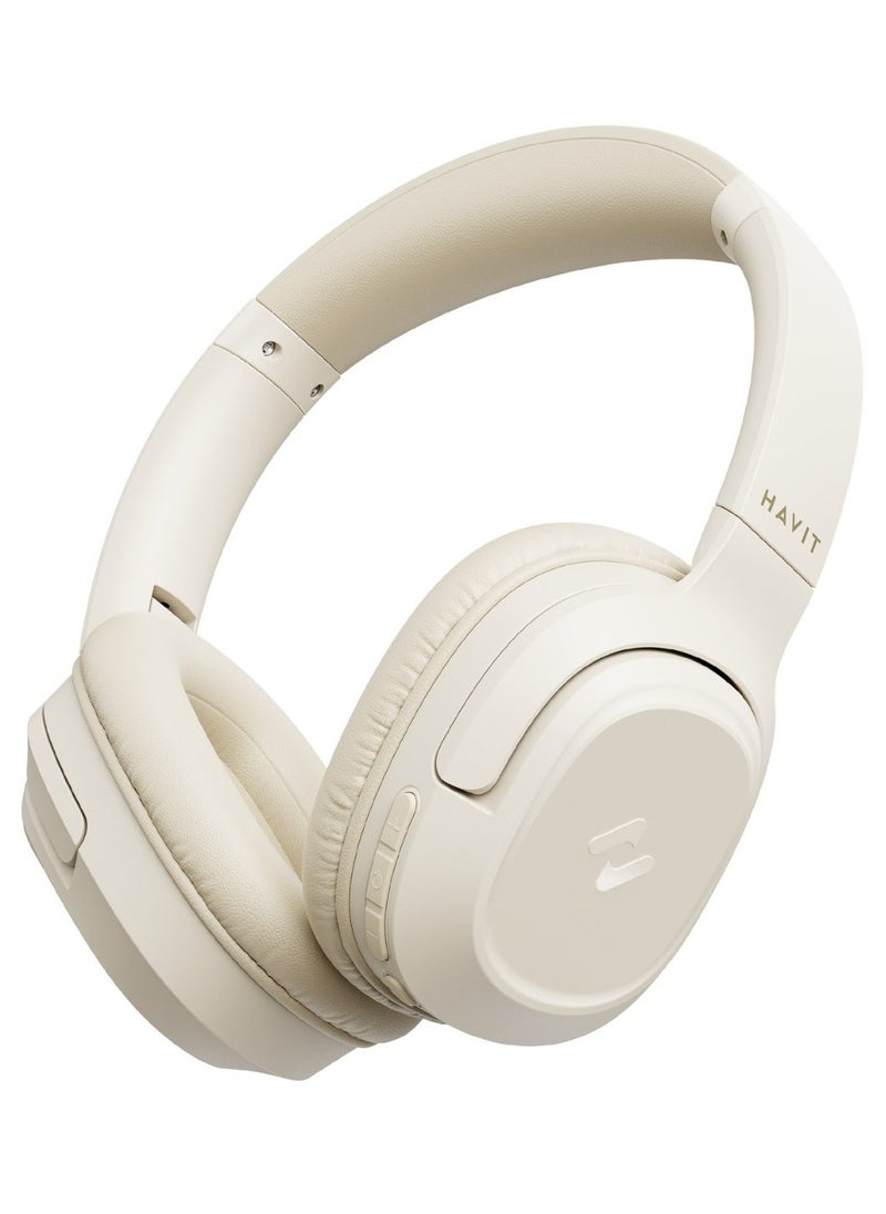havit Wireless Bluetooth Headphones with 50H Playtime, Stereo Sound, Foldable Over-Ear Design, USB-C Fast Charging, 40mm Drivers, Game Mode, Noise-Isolating Cushions, Built-in Mic, AUX Mode, Ergonomic Comfort Fit, for Music, Work, Calls, Travel, Study & Gaming (Beige)  - Image 2