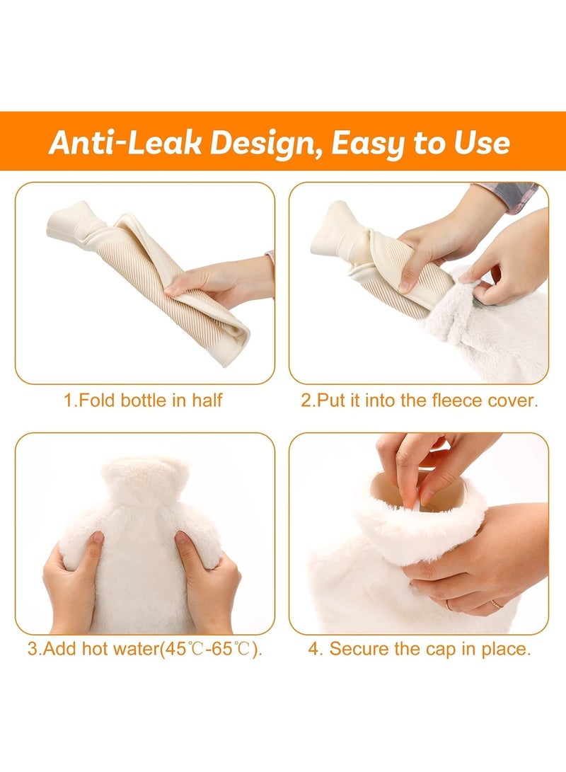 Hot Water Bottle with Soft Fleece Cover, Hot Water Bag for Cold & Hot Therapy, unisex Pain Relief, Back, Neck, Period Cramps Perfect gift for women and children(off white) - Image 3