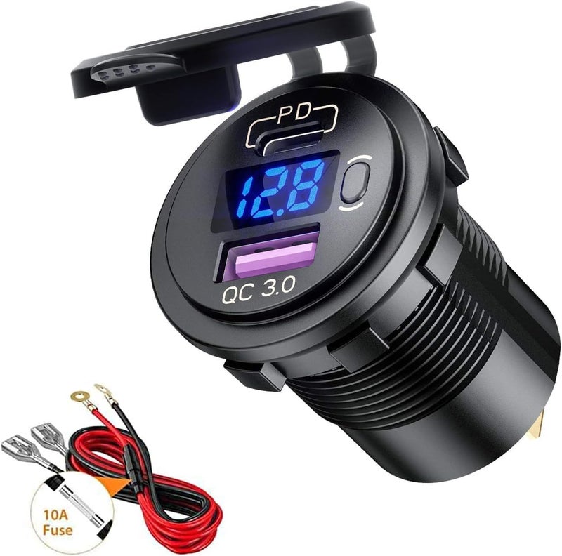 Thlevel USB C Car Charger Socket Dual USB Outlet PD & QC 3.0 Fast Car Charger Socket Power Waterproof with LED Digital Voltmeter and Switch for 12V/24V Marine Boat Motorcycle Truck RV | PD & QC 3.0 Fast Charge Waterproof with LED Digital Voltmeter and Switch for 12V 24V Marine Boat Motorcycle Truck - Image 1