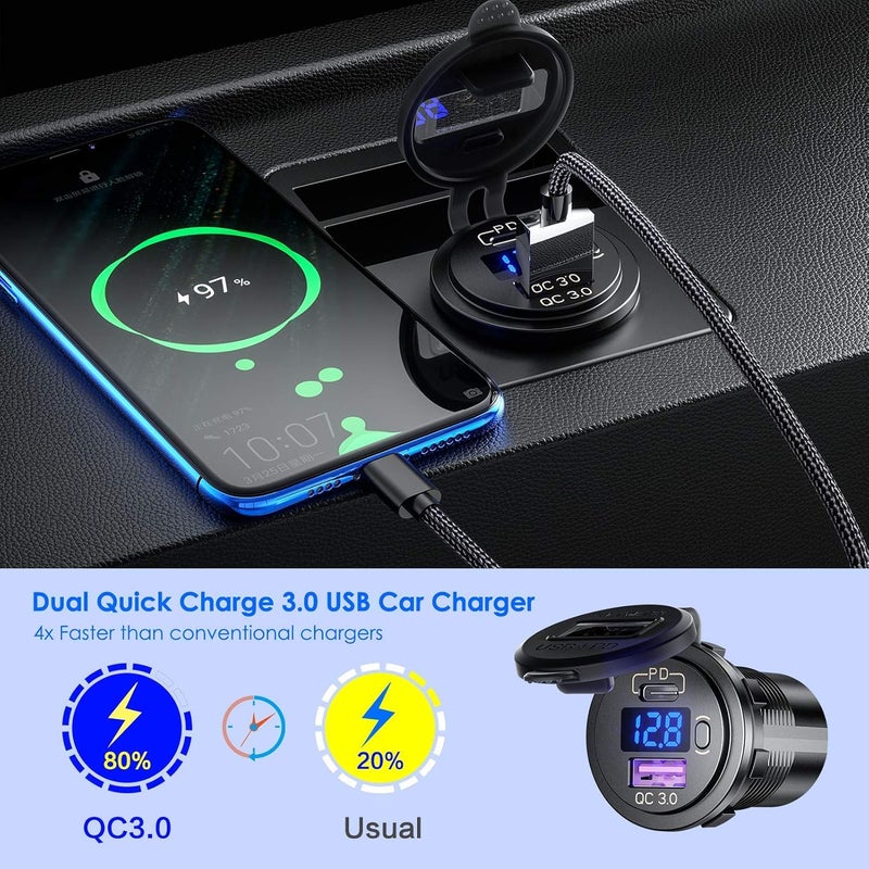 Thlevel USB C Car Charger Socket Dual USB Outlet PD & QC 3.0 Fast Car Charger Socket Power Waterproof with LED Digital Voltmeter and Switch for 12V/24V Marine Boat Motorcycle Truck RV | PD & QC 3.0 Fast Charge Waterproof with LED Digital Voltmeter and Switch for 12V 24V Marine Boat Motorcycle Truck - Image 3