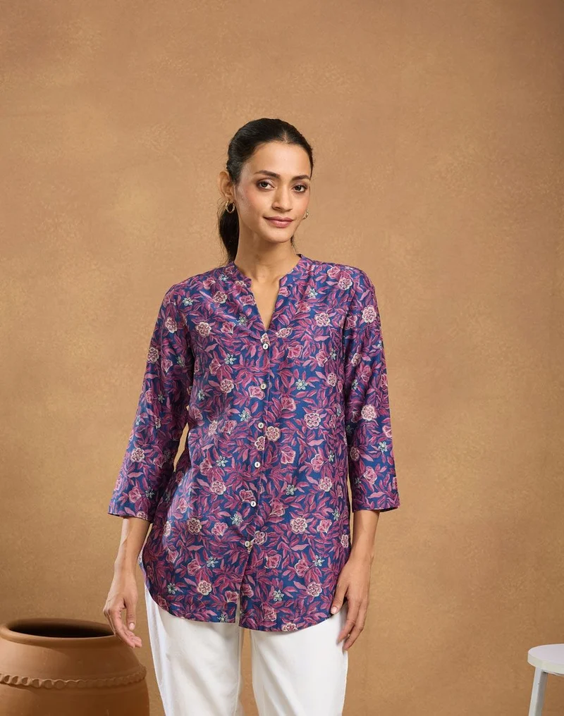 Fabindia Blue Cotton Silk Hand Block Printed Tunic