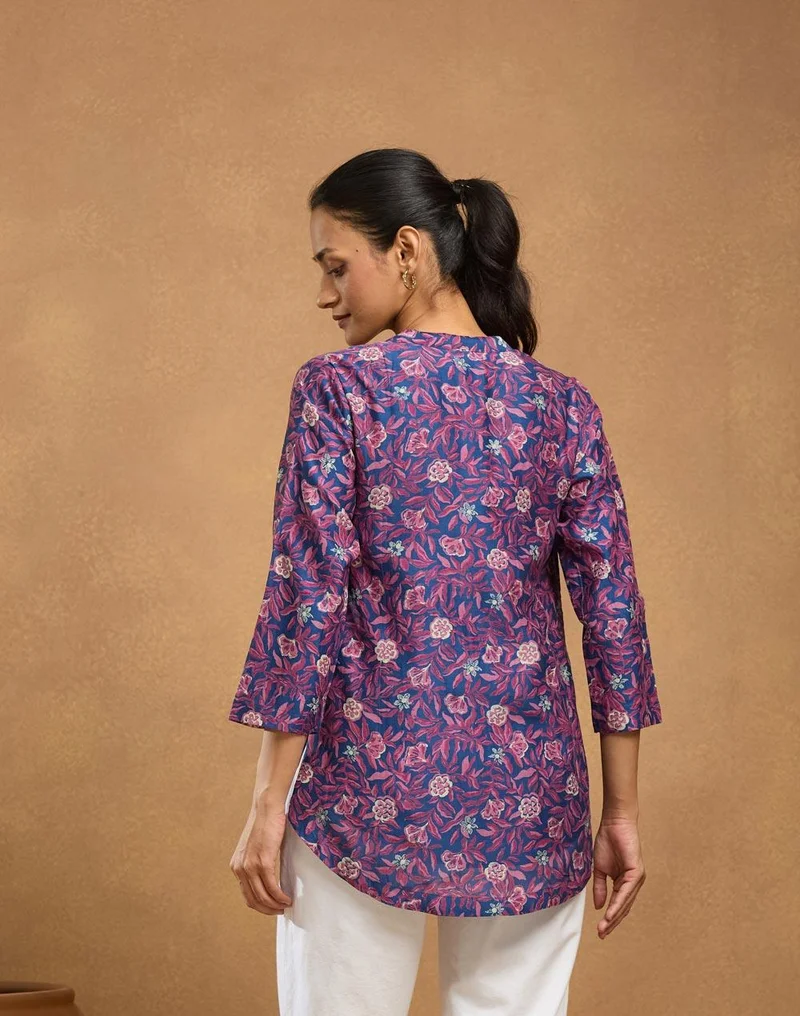 Fabindia Blue Cotton Silk Hand Block Printed Tunic
