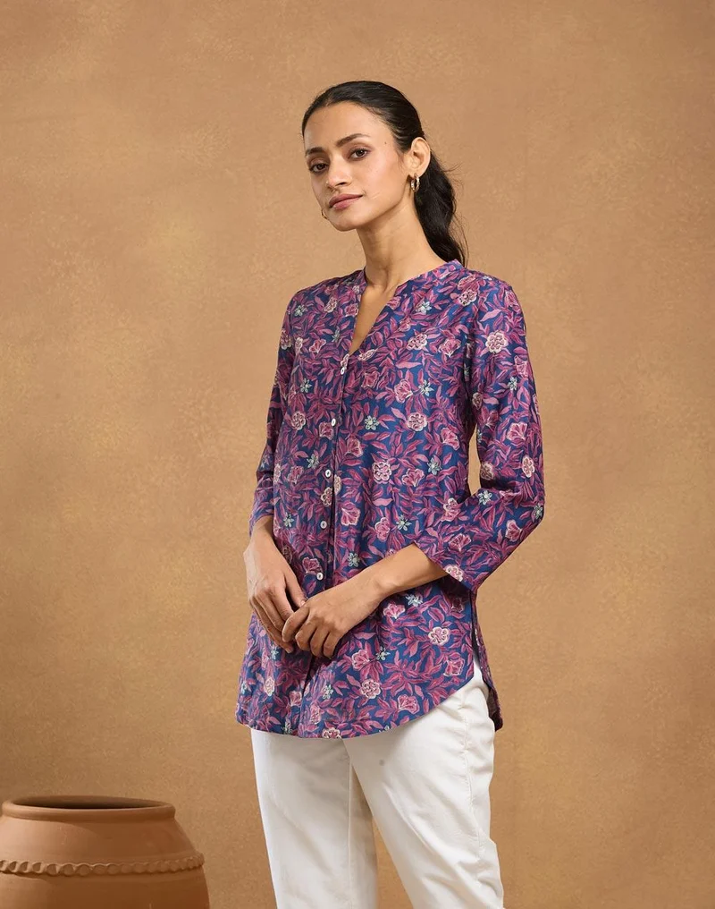 Fabindia Blue Cotton Silk Hand Block Printed Tunic