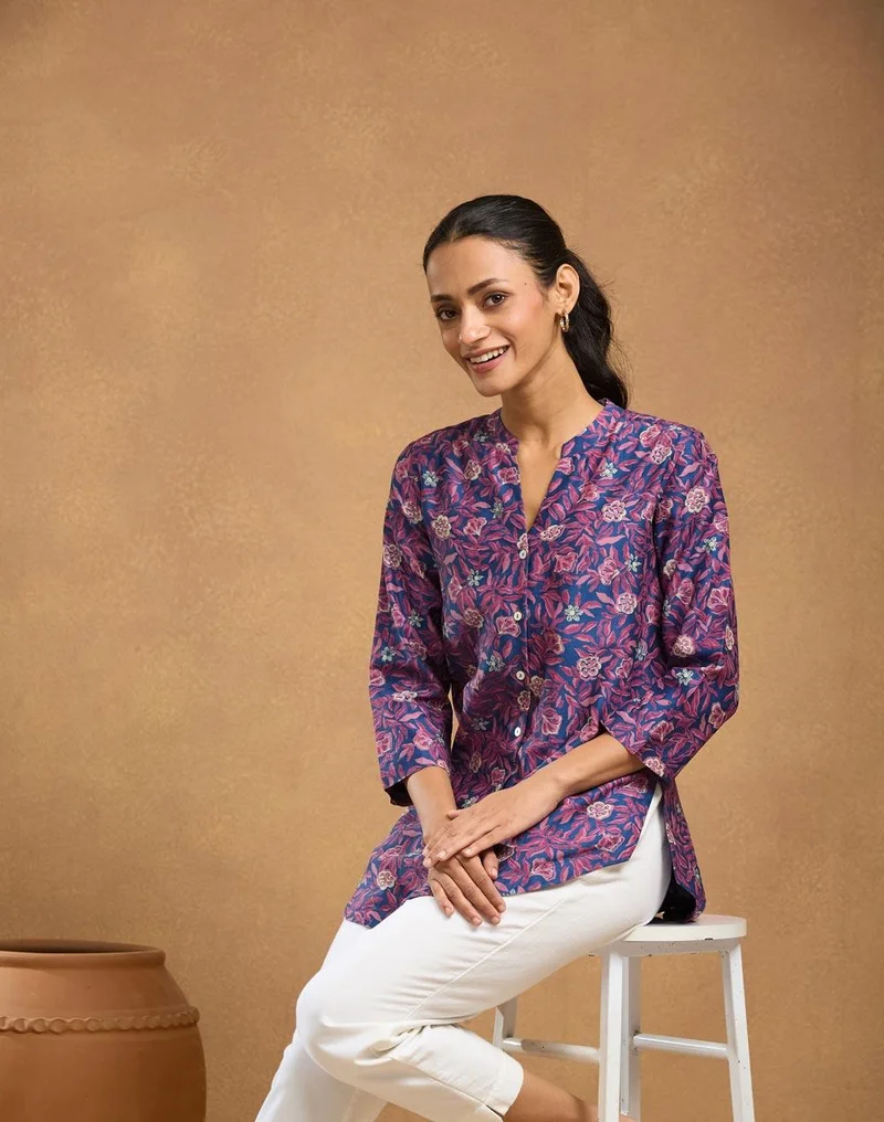 Fabindia Blue Cotton Silk Hand Block Printed Tunic