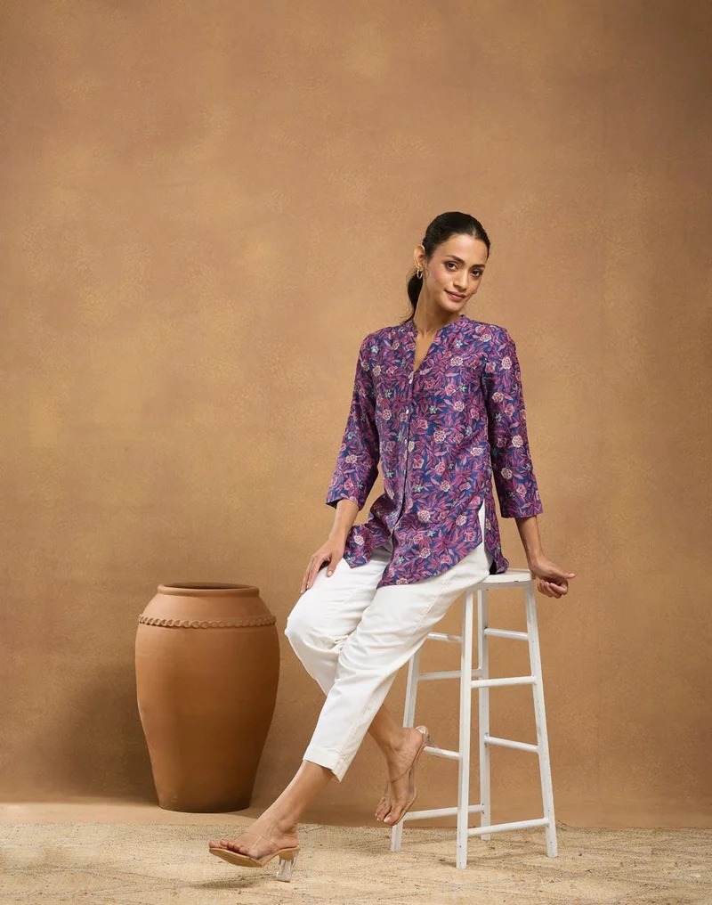 Fabindia Blue Cotton Silk Hand Block Printed Tunic