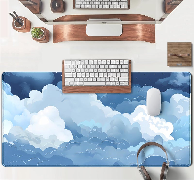 TENG DA QING Aesthetic Blue and White Puffy Clouds Desk Mat, XXL Large Kawaii Blue Extended Gaming Mouse Pad with Stitched Edges, Cute Big Laptop Keyboard and Mouse Mat for Women Office Decor Mat 31.5x15.7 in - Image 4