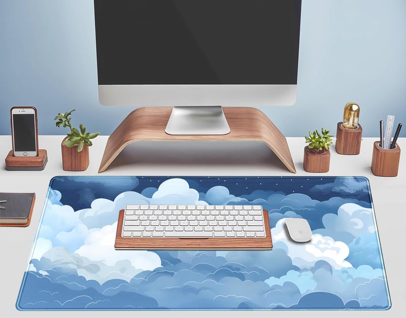TENG DA QING Aesthetic Blue and White Puffy Clouds Desk Mat, XXL Large Kawaii Blue Extended Gaming Mouse Pad with Stitched Edges, Cute Big Laptop Keyboard and Mouse Mat for Women Office Decor Mat 31.5x15.7 in - Image 5