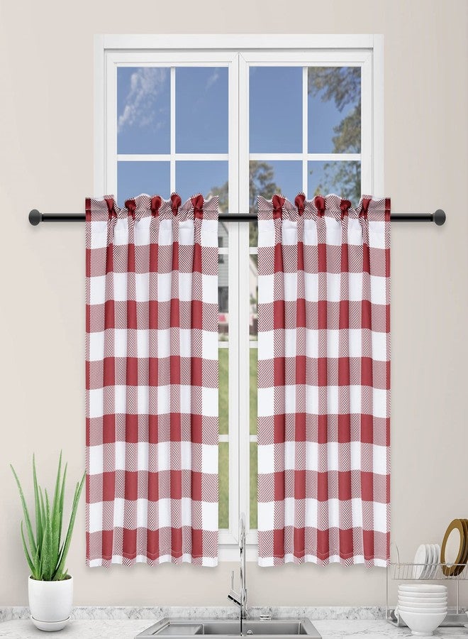 Simple Deluxe Buffalo Check Kitchen Tier Curtains, Plaid Gingham Small Curtain for Half Cafe Windows, 26" W x 30" L, White and Red - Image 1