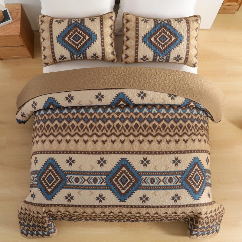 Dintszyayue Boho Quilt Set King Size,3 Pieces Aztec Texture Bedspread Brown Southwestern Coverlet Set Soft Lightweight Bed Cover for All Season Microfiber Bedding with 2 Pillowcases(Brown,104"x90") - Image 3