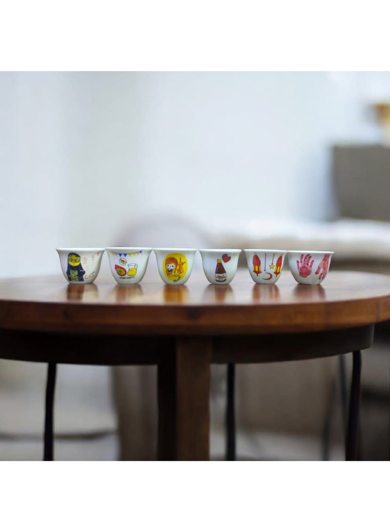 طقم فناجين قهوة عربية مزخرفة برسومات تراثية – 6 قطع - Image 2