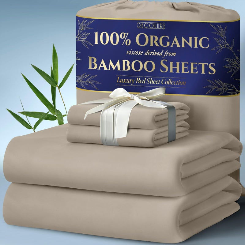 DECOLURE 100 Organic Viscose Derived from Bamboo Sheets Full Size 4pcs  Ultra Soft  Luxuriously Cooling 17 Deep Pocket Double Stitching Perfect for Hot Sleepers  Full Bed Sheets Taupe