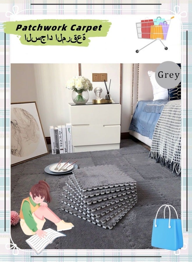 Gray Plush Puzzle Foam Floor Mat for Kids- Thick Interlocking Fluffy Tiles with Border Square Rug Split Joint Soft Climbing Carpet Mats Area Rug for Room Floor - Image 1