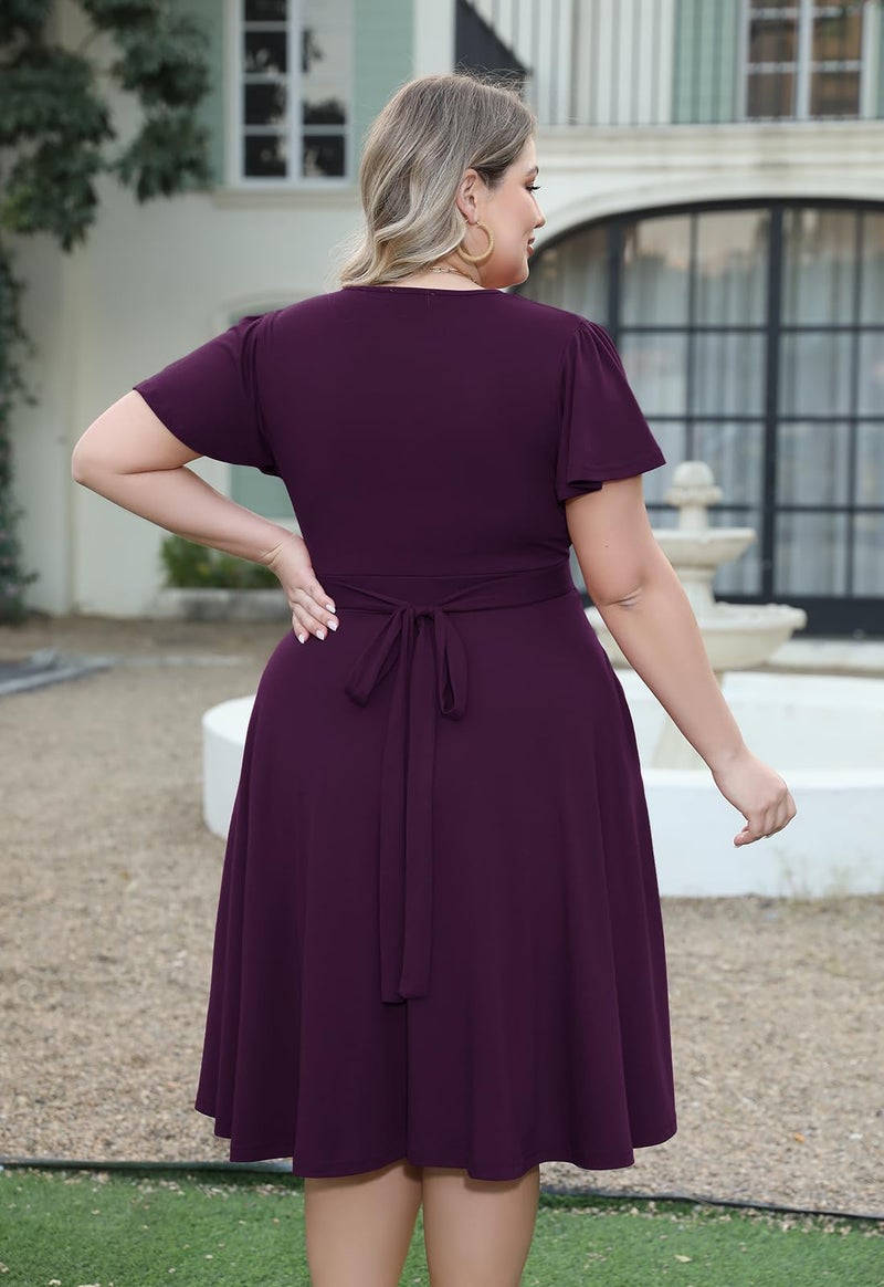 Nemidor Plus Size Dresses for Curvy Women Casual Summer V Neck Short Sleeve Midi Cocktail Vintage Dress with Pocket(073,20,133+Dark Purple) - Image 2