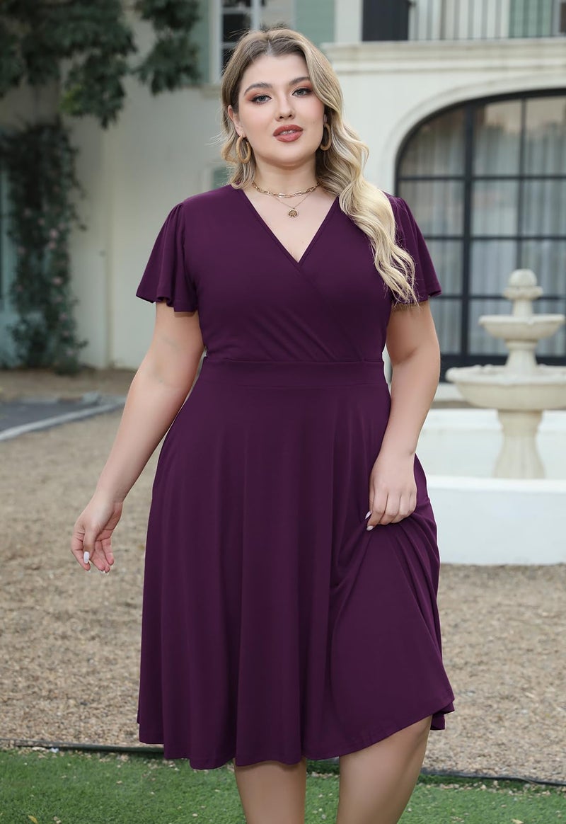 Nemidor Plus Size Dresses for Curvy Women Casual Summer V Neck Short Sleeve Midi Cocktail Vintage Dress with Pocket(073,20,133+Dark Purple) - Image 4