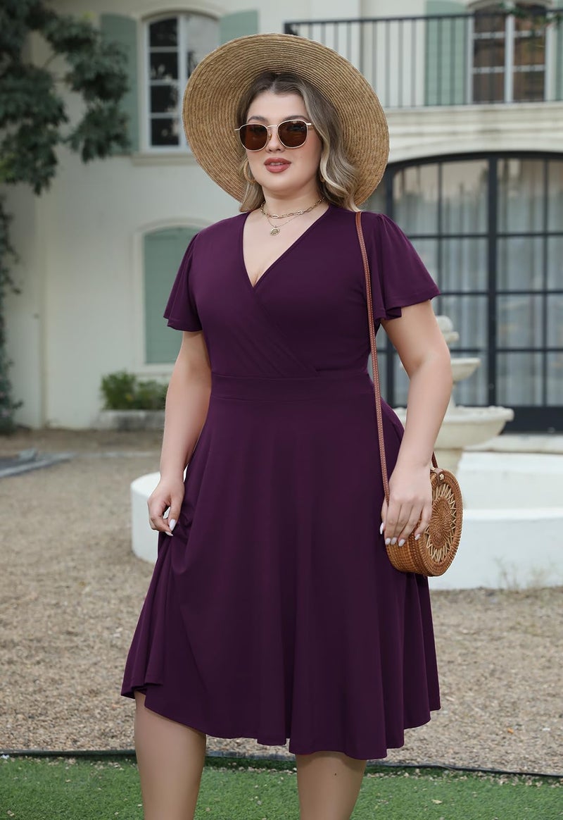 Nemidor Plus Size Dresses for Curvy Women Casual Summer V Neck Short Sleeve Midi Cocktail Vintage Dress with Pocket(073,20,133+Dark Purple) - Image 5