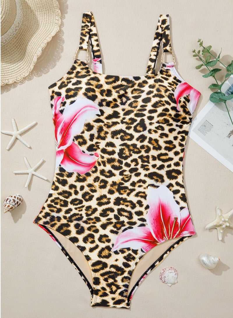 Herseas Women's Metal Ring Wide Straps Supportive Leopard One Piece Swimsuits 2026 Floral Print Tummy Control Bathing Suit Removable Pads Resort Outfits Large - Image 5