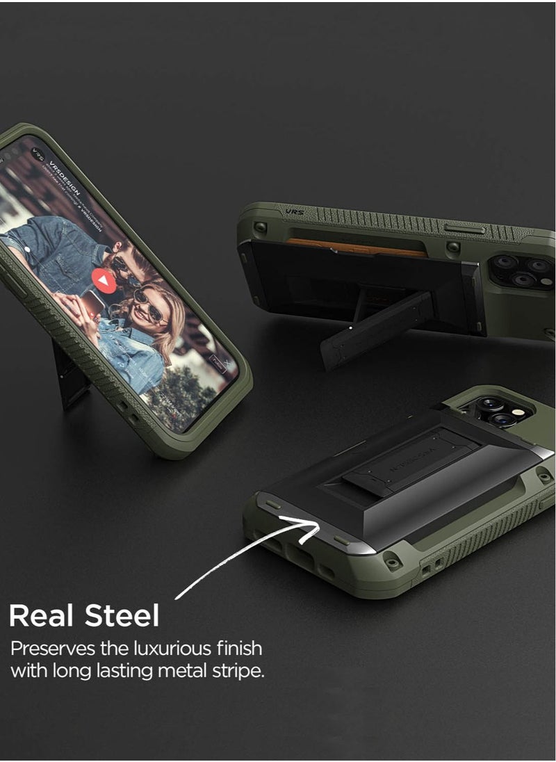 VRS Design Damda Glide Hybrid Wallet Case Cover for iPhone 11 PRO Semi Automatic Slider Credit Card Holder Slot (3-4 Cards) & Kickstand - Green  - Image 4