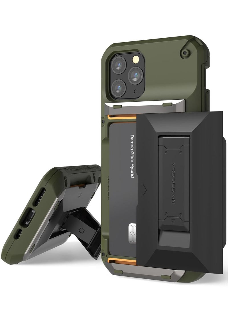 VRS Design Damda Glide Hybrid Wallet Case Cover for iPhone 11 PRO Semi Automatic Slider Credit Card Holder Slot (3-4 Cards) & Kickstand - Green  - Image 1