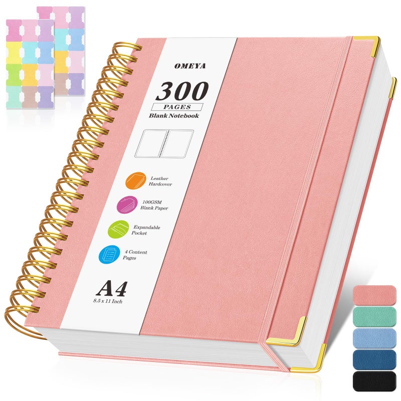 OMEYA Blank Spiral Notebook: Sketch Book 8.5" X 11", Hardcover Sketchbook, 300 Pages Leather Unlined Notebook for Women Men,100GSM Thick Paper Journal, A4 Large Art Sketchbook for Drawing Writing Work, Pink - Image 1