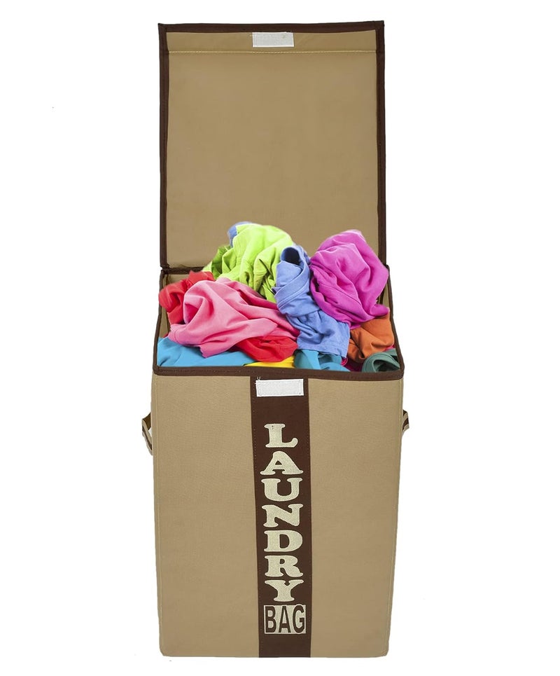 Kuber Industries Heart Home Non-Woven Foldable Lightweight Laundry Basket, Clothes Hamper, Storage Basket For Laundry Clothes, Toys Organizer With Handles & Lid, 60 Ltr.- Pack of 2 (Brown & Beige)-HS43HEARTH26879 - Image 4