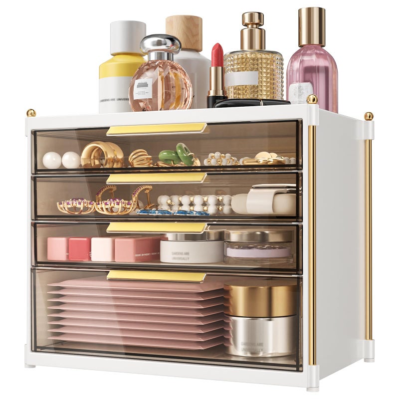 Aveniee 4 Drawers Makeup Organizer- Bathroom Organizers and Storage, Plastic Bins Countertop Perfume Vanity Desk Organization for Cosmetic, Skincare, Face Mask, Jewelry, Gold - Image 1